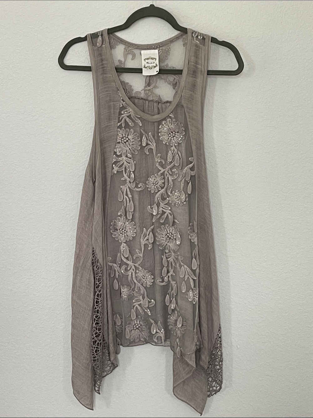 Fleur de Lis Embroidered Sequin Mesh Boho Asymmetrical Tunic Top M